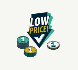 Low price concept poster, arrow down with coin stack vector icon style illustration, e-commerce sale, cheap prices shopping, buy by discount.