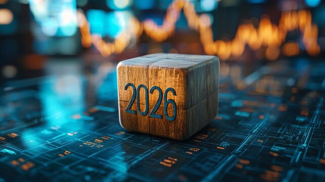 Financial Forecast 2026: Wooden Block Displaying Year on Circuit Board with Stock Market Chart Background Representing Investment and Economic Outlook