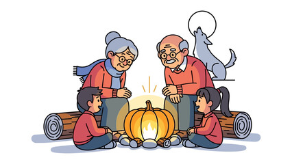 Family Circle by Campfire: An elderly couple and their grandchildren gather around a glowing pumpkin at night, while a wolf howls in the moonlight.