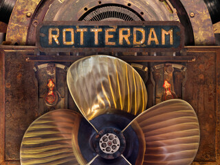 Old rusted ship parts with an imprint of the Dutch city of Rotterdam