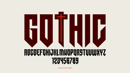 Sharp and bold vector display condensed font for logos, gothic or heavy metal style modern tall typeface, edgy hard rock letters and numbers alphabet for titles or slogans, heavy typography.