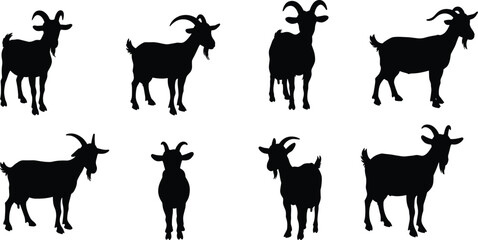 Goat silhouettes collection, farm animal shapes, livestock illustration, black goat profiles, horned goat poses, rural agriculture design, animal anatomy reference