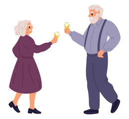 Happy grandparents holding waffle cone with ice cream. Grandma and grandpa eating sweet cold dessert. Elderly couple meeting. Senior people having fun or walking together. Vector concept