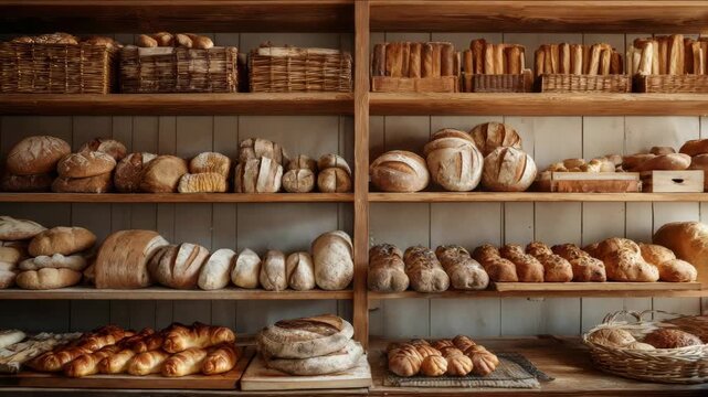 A beautiful display of various types of freshly baked bread and pastries.
