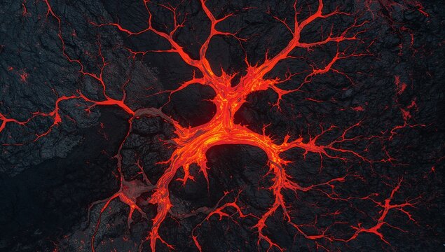 Molten Lava Flow Forms Intricate Patterns on Volcanic Terrain
