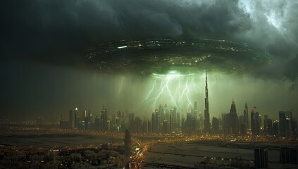 Futuristic city under alien attack, ring-shaped craft unleashing lightning