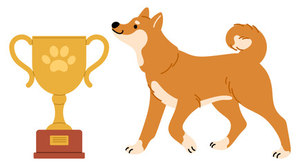 Dog next to trophy golden cup, award in pet competition. Winning purebred animal, friendly happy leadership character win first place. Achievement goal. Vector cartoon isolated illustration