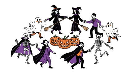 Halloween Revelry: A circle of spooky figures including ghosts, skeletons, vampires, and witches merrily dance around carved pumpkins, evoking the spirit of Halloween. 