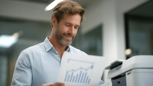 male accountant comparing monthly revenue sheets upward arrow sticker on top faint rustle of paper quiet printer hum planning and control three quarter wide angle cinematic color
