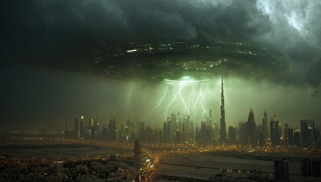 Futuristic city under alien attack, ring-shaped craft unleashing lightning