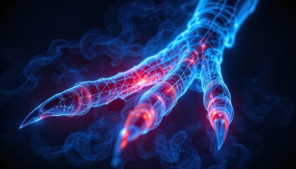 Futuristic dragon claw design with glowing blue neon and red accents creates a visually striking and modern aesthetic perfect for tech and fantasy themes