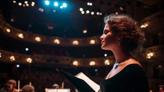 A stunning opera singer delivers a powerful performance on a grand stage, captivating the audience.
