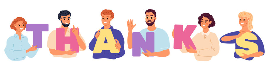 Cheerful young men and women hold up letters spelling out word thanks, people express their gratitude. Thankfulness person concept. Happy teamwork. Vector cartoon isolated illustration