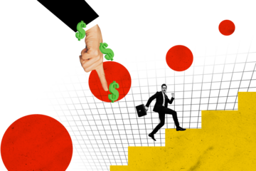 Composite trend artwork sketch image photo collage of trader work business wealth dollar rich success young man go up ladder finger down