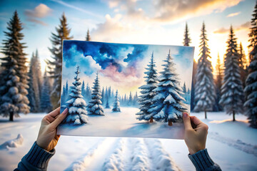 Hands Holding a Painting of a Snowy Forest Scene in a Winter Landscape graphic design isolated on a transparent background