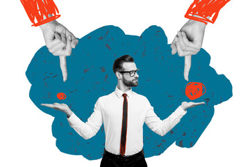 Creative drawing collage picture of young man compare point finger gesture brainstorming billboard...