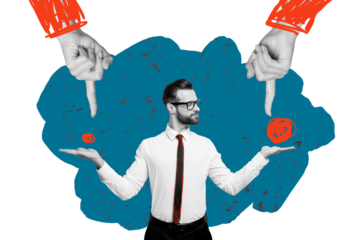 Creative drawing collage picture of young man compare point finger gesture brainstorming billboard comics zine minimal