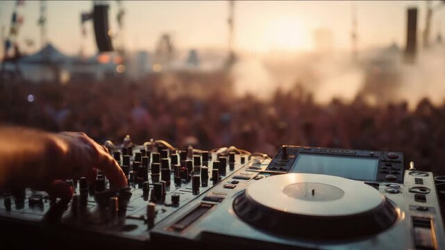 A dj at a music festival performs for a crowd at sunset.