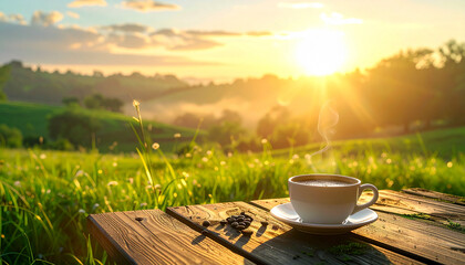 A peaceful morning landscape with warm sunlight, fresh green grass, coffee on a woodenA peaceful morning landscape with warm sunlight, fresh green grass, coffee on a wooden