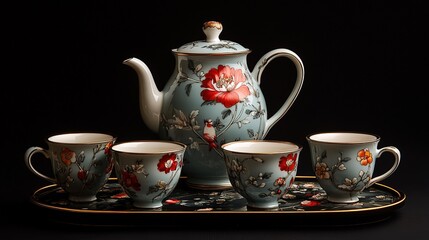 Fototapeta premium Porcelain Tea Set With Floral And Bird Patterns Including Teapot And Cups On Tray
