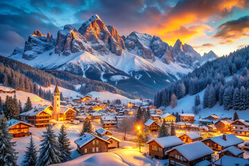 Idyllic Alpine Village in Snowy Mountains at Sunset with Warm Lights winter isolated on a transparent background