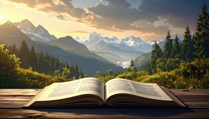Open book rests on a wooden surface, offering a tranquil scene of majestic mountains, verdant forests, and a captivating sky filled with beautiful clouds, creating a picturesque and serene moment...