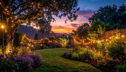 Warm, inviting evening scene showcases a lush garden with vibrant flowers and an expansive lawn, illuminated by decorative string lights, under a beautifully colored twilight sky.