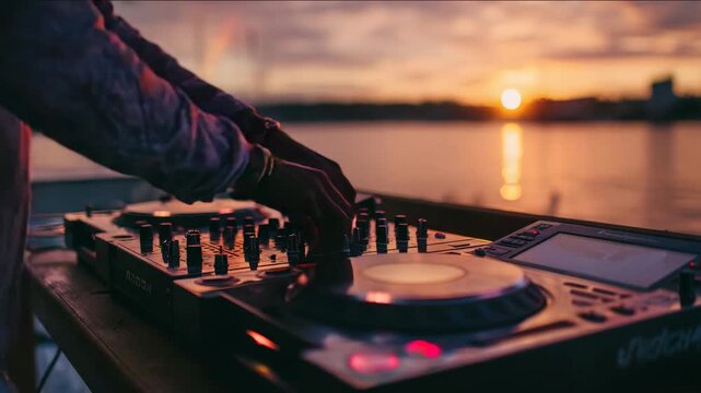 A dj mixing music during a sunset on a waterfront stage, creating a vibrant atmosphere.