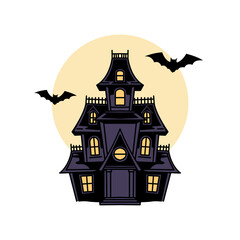 Haunted House with Full Moon and Bats Illustration