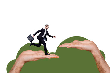 Composite trend artwork sketch photo collage of workspace young guy businessman work hand hold...