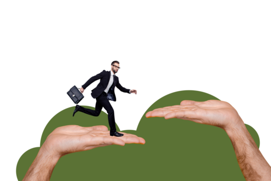 Composite trend artwork sketch photo collage of workspace young guy businessman work hand hold suitcase run hand platform help support