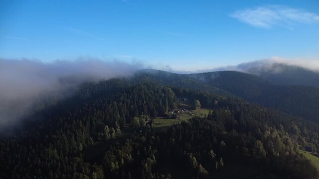 aerial view of a beautiful mountain landscape, czech, beskydy, autumn morning, evning, sun, 