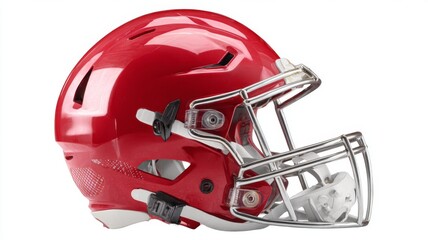 Fototapeta premium Red american football helmet isolated on white background with detailed protective sports equipment design and clipping path for training practice and game concept