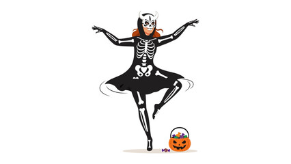 Ethereal Halloween Ballerina: A graceful ballerina, adorned in a captivating skeleton costume, delicately balances in mid-air, her every movement echoing the enchantment of Halloween.