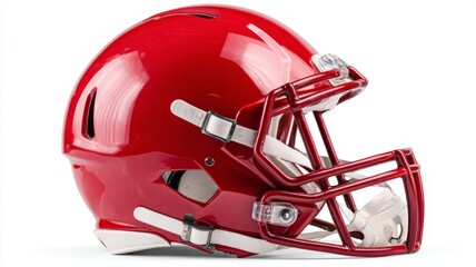 Red american football helmet isolated on white background with detailed protective sports equipment design and clipping path for training practice and game concept