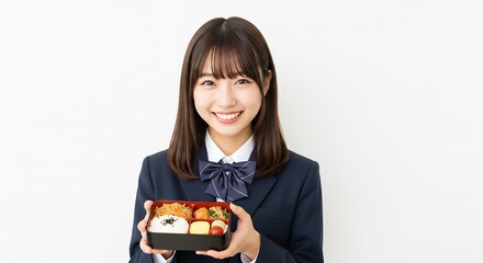 Joven estudiante feliz posa con bento box mostrando una estética visual limpia y una expresión alegre