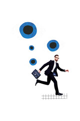 Vertical creative art collage of serious businessman run eyeball surreal spy freemason privacy stalker isolated on painting background