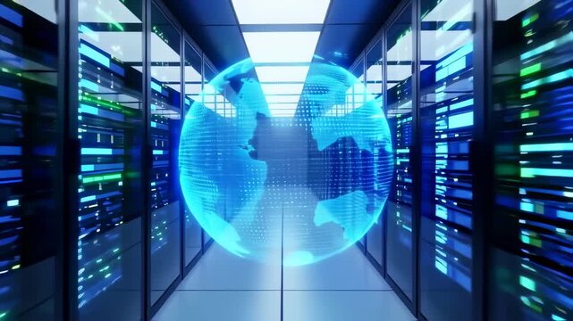 Futuristic server room with glowing earth hologram symbolizes global network connectivity and data - Powered by Adobe