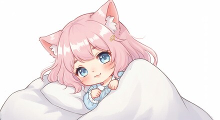 Dulce niña con orejas de gato y pelo rosa claro asoma entre sábanas blancas con una mirada inocente