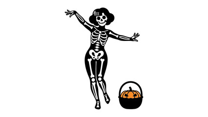 Dancing Skeleton: A whimsical illustration of a skeleton adorned in vintage attire joyfully dances, clutching a decorative pumpkin basket. Perfect for spooky season. 