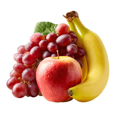 Assorted fresh fruits including apple, banana, and grapes, white isolated background