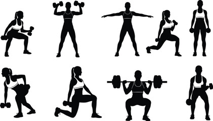 Female fitness workout silhouette with dumbbells and barbell, strength training poses, exercise routine, bodybuilding workout, gym training, healthy lifestyle motivation