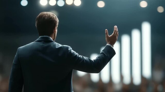 male CEO presenting record breaking profit results at press conference upward chart behind faint camera flashes applause sound three quarter wide angle cinematic color correction