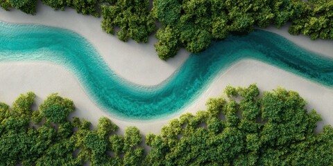 Fototapeta premium Serene winding river through lush greenery in a tropical setting