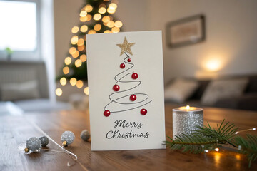 Merry Christmas card with minimalist tree and festive decorations on wooden table greeting isolated on a transparent background