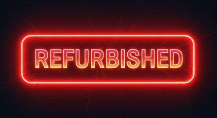 Bright red neon sign lights up the word refurbished in a rectangular frame