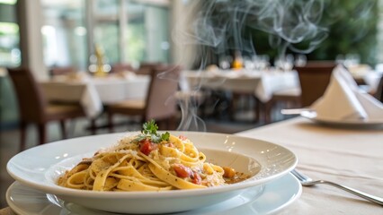 Steaming Pasta Dish in Elegant Restaurant Setting
