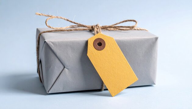 A grey gift, simply wrapped in paper and tied with twine, features a blank mustard yellow tag. It rests on a pale blue background