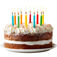 Birthday cake with colorful candles, white isolated background