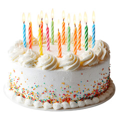 Birthday cake with colorful candles, white isolated background